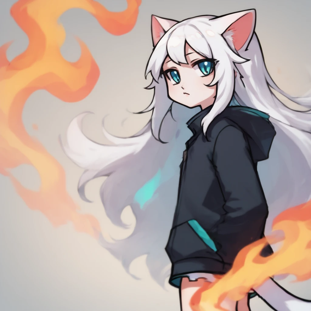 score_9,score_8_up,score_7_up,fire_cat,solo,1girl,aqua eyes,long hair,animal ears,looking at viewer,cat ears,white hair,jacket,black jacket,short skirt,simple background,<lora:fire_cat:0.85>,