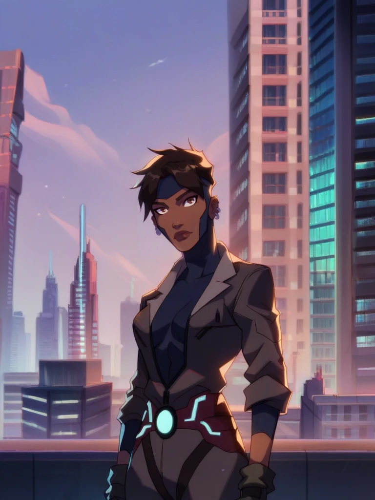 score_9, score_8_up, score_7_up, high quality, masterpiece,  Rocket, 1girl, dark-skinned female, short hair, brown eyes, headband, piercing, earring, bodysuit, jacket, belt, standing, mask, gloves, building, skyline, city scape, looking at viewer
 <lora:Rocket-110reps:1>