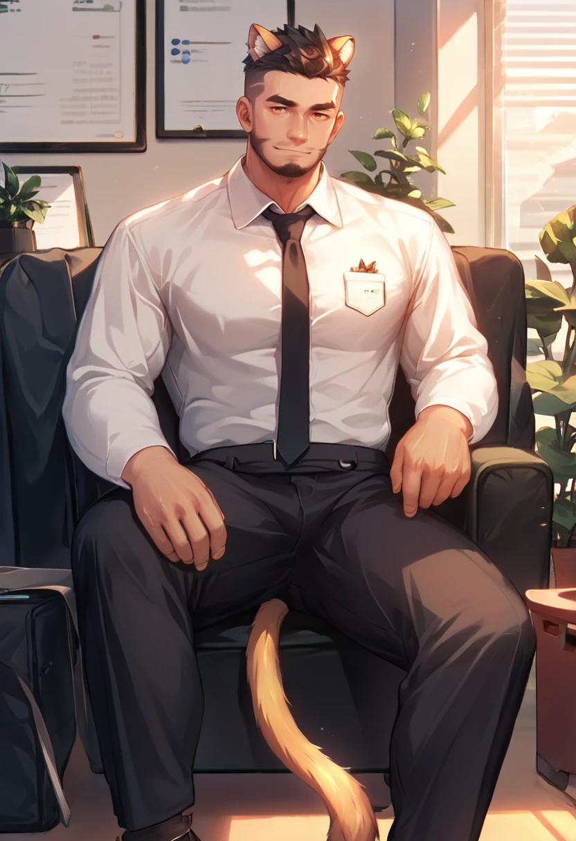 Alcander,score_9, score_8_up, score_7_up,male, beard, animal ears, <lora:Alcander:1>,  business suit, formal attire, tie, clean-cut, standing, confident, professional,  modern office, daytime, detailed background, high-rise buildings, tail, sitting on a black couch,  spread legs