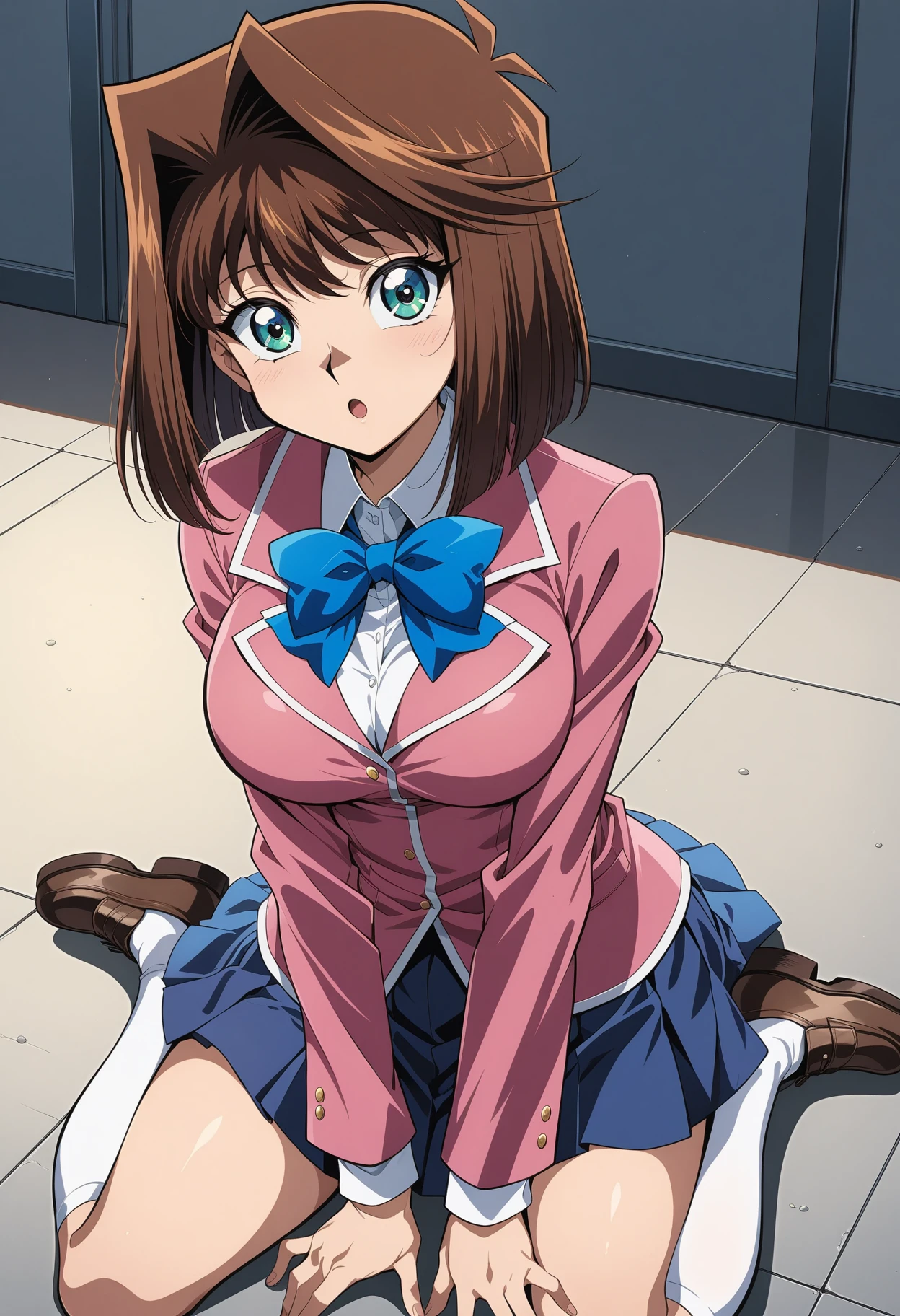 (masterpiece, best quality, very aesthetic, ultra detailed), intricate details, 4k, aaanzu, solo, medium hair, brown hair, aqua eyes, breasts, school uniform, blue bowtie, blazer, pink jacket, long sleeves, pleated skirt, blue skirt, <lora:mazaki_anzu_animagine_v1:0.9>, :o, on floor, wariza, white socks, loafers, anime_style,