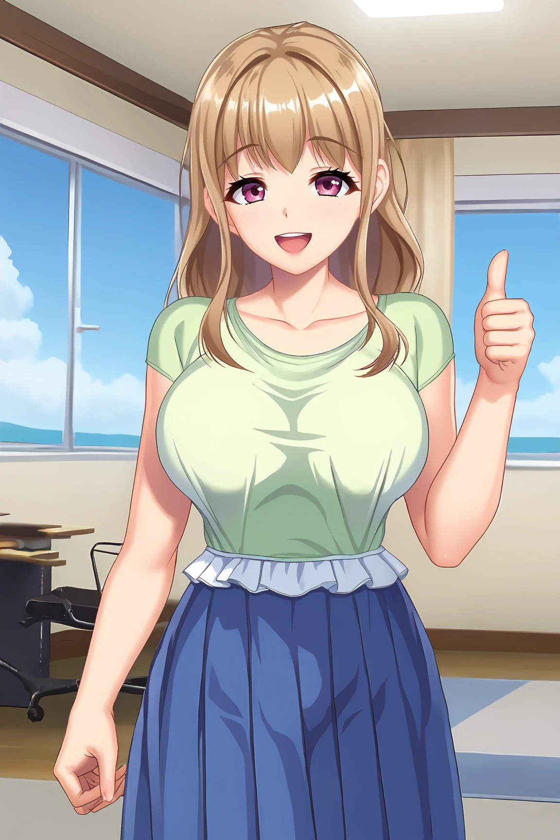 score_9, score_7_up, source_anime, 
BREAK
solo, 1girl, 
<lora:KoshimizuSanae-02:0.8>,
KoshimizuSanae,
light green shirt, short sleeves, blue skirt, long skirt, pleated skirt, collarbone, lace-trimmed shirt, shirt over skirt, white lace, frilled shirt, white frills,
BREAK
happy, :), 
Vegetable stall, 
thumbs up, 
from below,