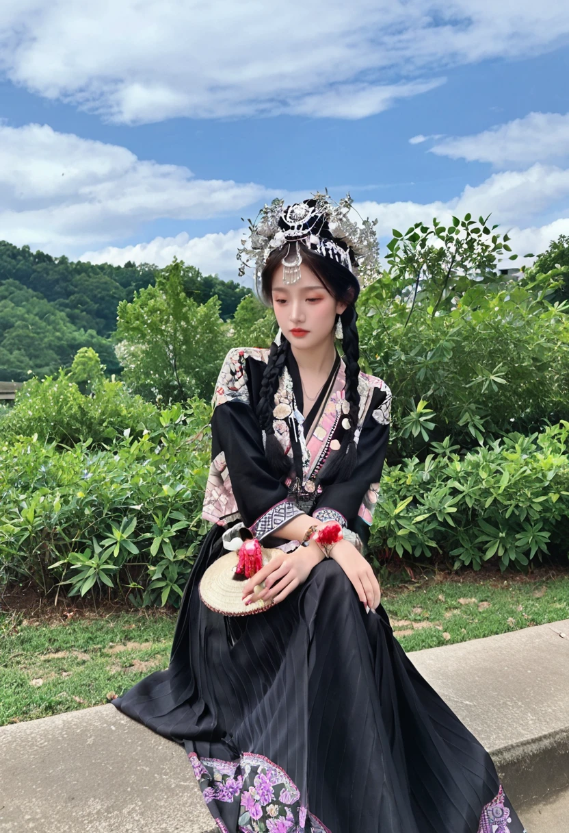 Score_9, Score_8_up, Score_7_up,miaoyuansu, miao1, 1girl, solo, jewelry, black hair, outdoors, blurry, necklace, grass, traditional clothes, braid, hat, bracelet, long hair, earrings, depth of field, skirt, blurry background, sitting, long skirt, headdress, cloud, , looking away, full body, sky, long sleeves, dress, twin braids, looking afar, day, black skirt, plant, tassel, floral print, hand up, bush, nail polish, realistic, looking up, korean clothes, crown, cloudy sky, , highly detailed face, perfect detail face,  best quality, masterpiece,beautiful detailed eyes,<lora:miaoyuansuPONY-000010:0.9>