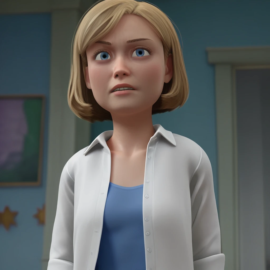 score_8_up, BREAK, 1girl, solo, msdavis, blonde hair, short hair, blue eyes, blue top, white shirt, open shirt, upper body,  <lora:MsDavis_ToysStory_PXL_Leaf1_r1:1>, 3d,