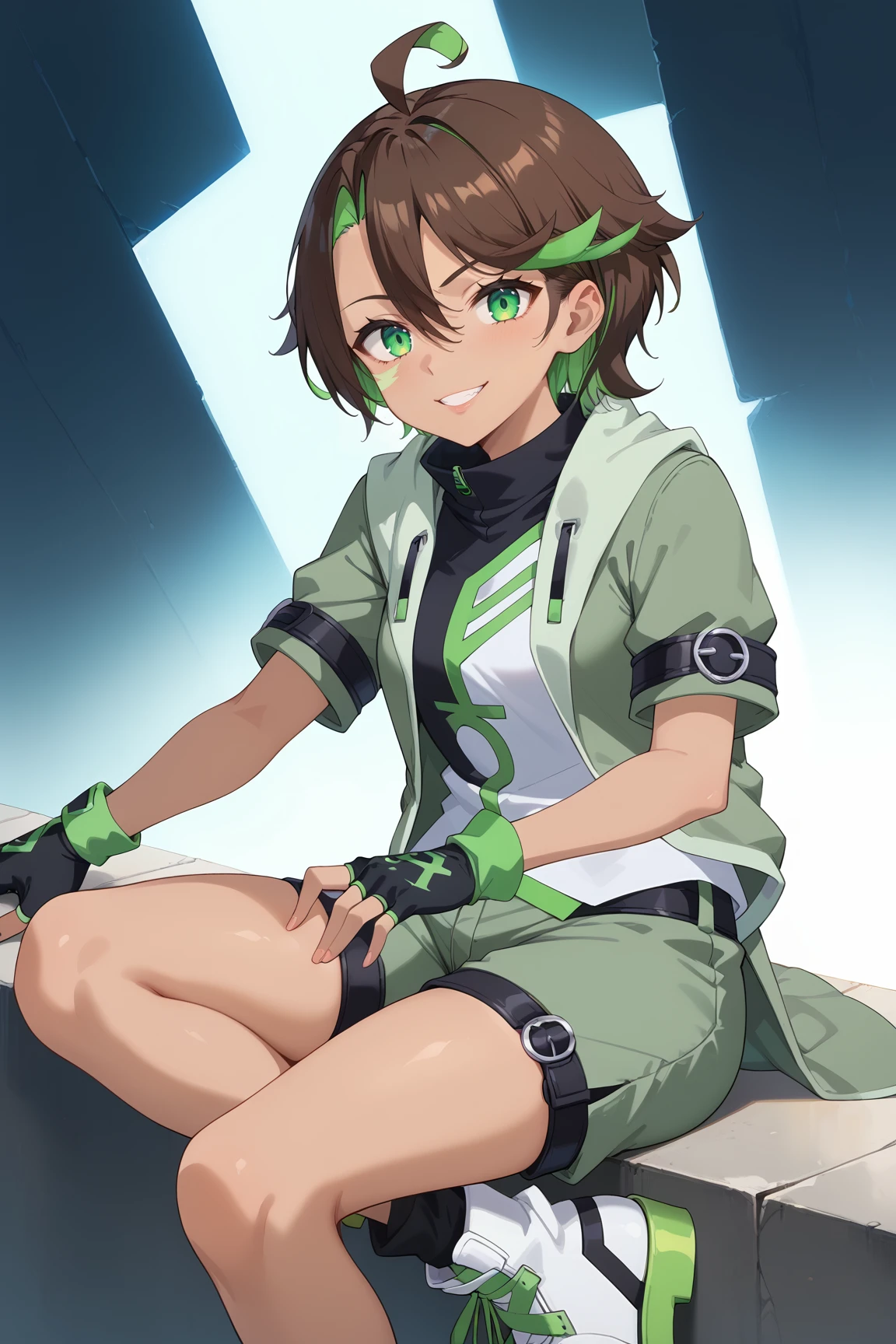 score_9, score_8_up, score_7_up, source anime, prefect lighting, very aesthetic, BREAK, anime coloring, 
 <lora:jessica_cruz_v1-pdv6:0.9>, 1girl, jessica cruz, green eyes, brown hair, multicolored hair, short hair, hair between eyes, ahoge, dark-skinned female, facial mark,
cruzout, shirt, short sleeves, black gloves, fingerless gloves, open jacket, green jacket, green shorts,  green footwear, 
BREAK, looking at viewer, light smile, 
BREAK,