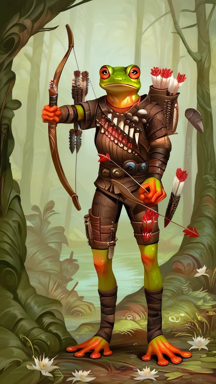 score_9,score_8_up,score_7_up,gr1ppl1,pathfinder grippli,anthro frog,orange eyes,black pupils,green skin,belt,bracers,pauldron,leather pants,quiver,weapon,bow,arrow,standing,full body,outdoors,forest,