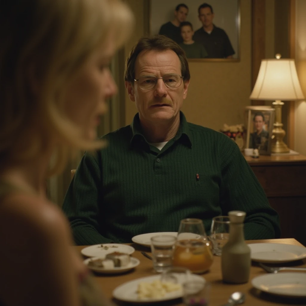 photorealistic scene of a family dinner gone tense. A a TOK man with a mustache and wire framed glasses, sits at the head of the table, looking conflicted and distant. He is in casual home wear, a green plaid shirt, and his blonde wife across from him shows mixed emotions of concern and confusion. The setting is a modest dining room, with family photos and warm lighting, contrasting the cold, underlying strain in the air, reflecting the character's inner turmoil and double life. raw, 8k, lumix gh5