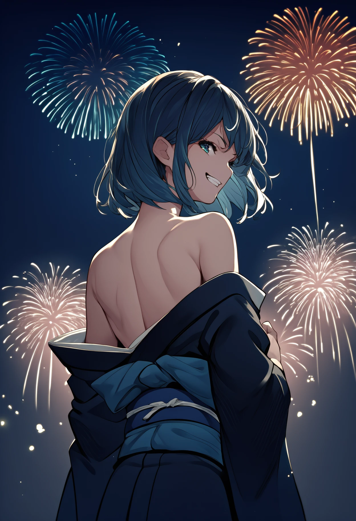 score_9, score_8_up, score_7_up, source_anime, from behind, solo, 1girl, kurokawa akane, grin, looking back, japanese clothes, black kimono, off shoulder, blue sash, bare shoulders, fireworks
<segment:yolo-face_yolov8m.pt,0.35,0.5>