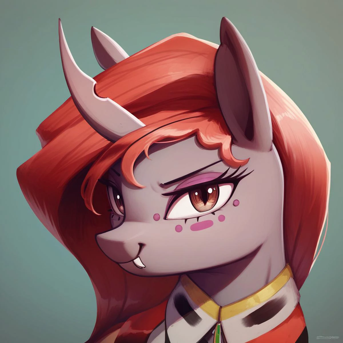 masterpiece, score_9_up, score_8_up, score_7_up, score_6_up, (best quality:1.1), ultra-detailed, high resolution, 1character, solo, Argynnis, mlp, changeling, changeling queen oc, feral, female, light-Brown eyes, long eyelashes, ears, crooked horn, gray skin, dark pink freckles, red mane, closed mouth, fangs, looking at viewer, portrait, simple background, smiling, high angle, highly Visible, sharp focus, anatomically correct, extremely detailed