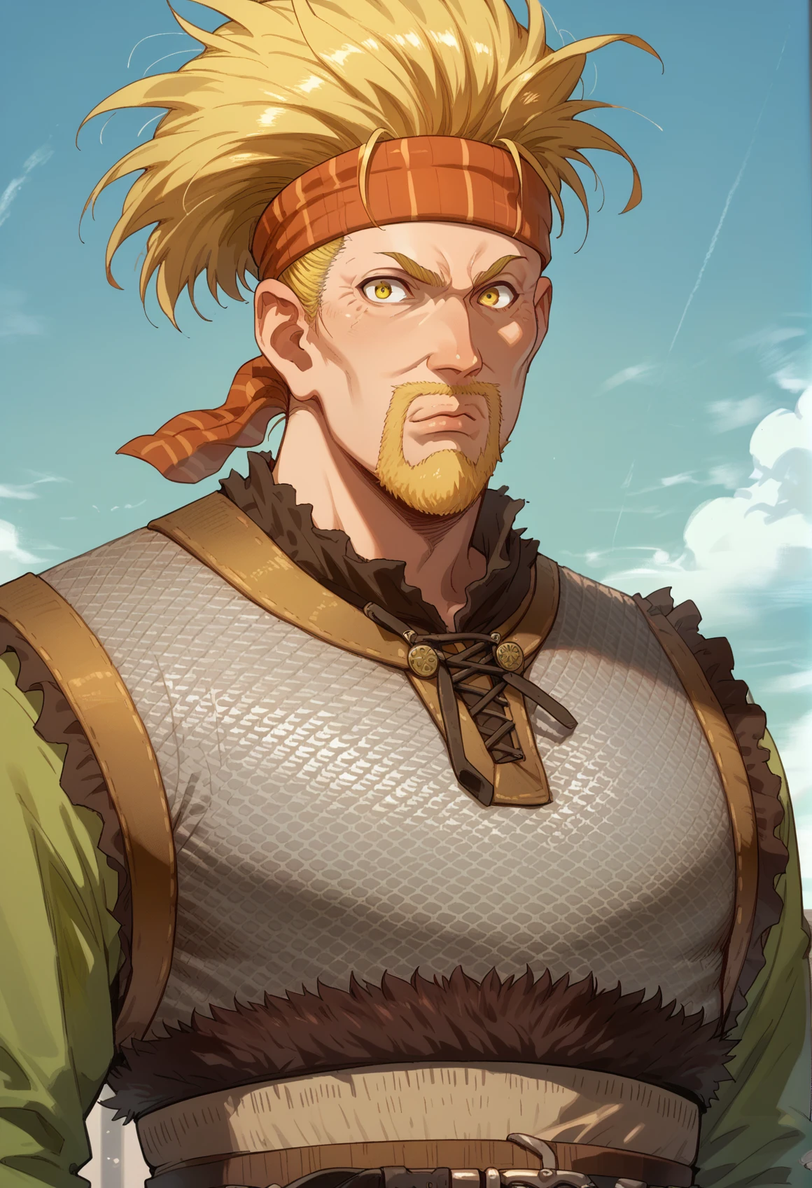 1boy, solo, upper body <lora:Thorkell-v2:1> Thorkell, beard, (yellow eyes:1.15), chainmail armor, belt, headband, short green sleeves, looking at viewer, score_9, score_8_up, score_7_up, score_6_up