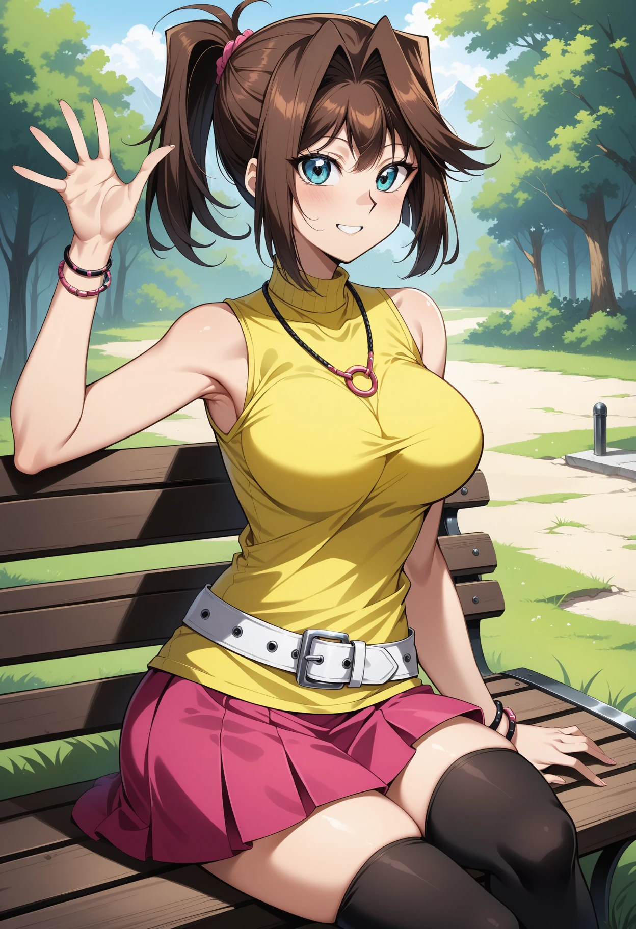 (masterpiece, best quality, very aesthetic, ultra detailed), intricate details, 4k, aaanzu, solo, medium hair, brown hair, ponytail, aqua eyes, breasts, turtleneck, necklace, yellow shirt, sleeveless, bracelet, white belt, miniskirt, pink skirt, black thighhighs, <lora:mazaki_anzu_animagine_v1:0.9>, sitting, bench, outdoors, waving, smile, anime_style