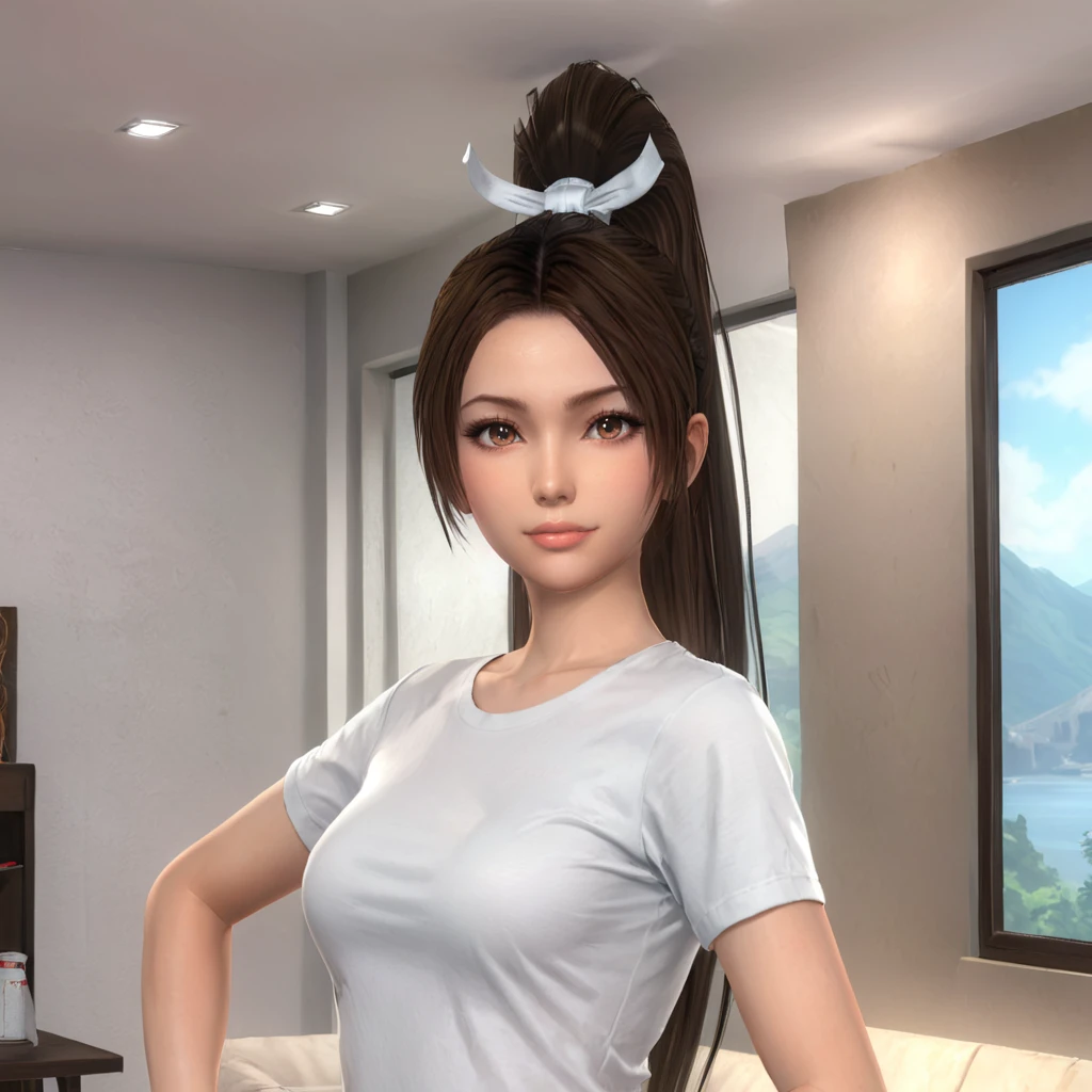 maishiranuidoa5lr, 1woman, solo, long hair, high ponytail, hair ribbon, T-shirt, looking at viewer <lora:maishiranuidoa5lrXL:0.7>