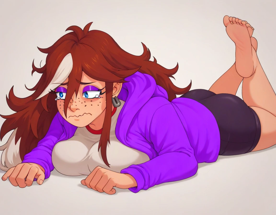 embedding:zPDXL2, rating_safe, source_cartoon, score_9, score_8_up, score_7_up

simple background, white background, 1girl, solo, large breasts, lying, on stomach, on floor, pain, tears, wavy mouth, looking away, 

sy1via, multicolored hair, long hair, hoop earrings, freckles, blue eyes, purple eyeshadow, purple jacket, white shirt, bike shorts