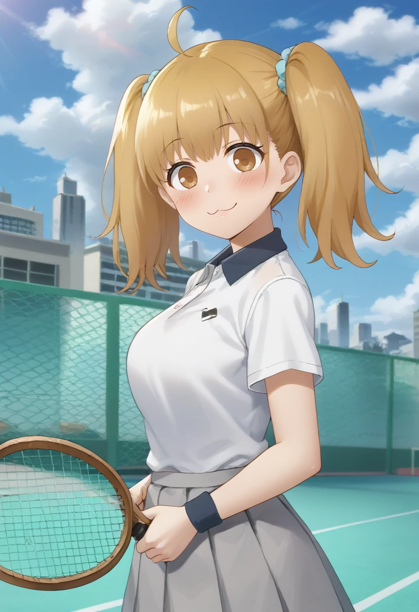 Yoshi  , solo, standing, from side, looking at viewer, tennis uniform, holding tennis racket, smile, blush, outdoors, tennis court, clouds, fence, city<lora:FFA:1>