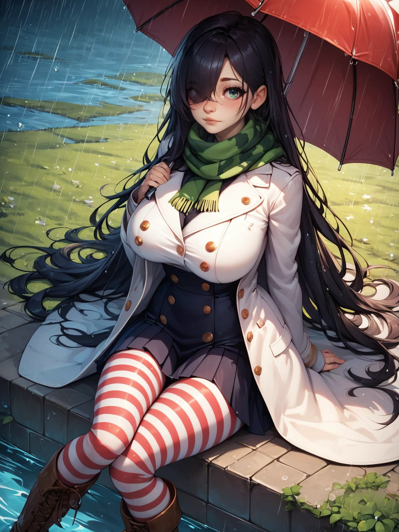 score_9, score_8_up, score_7_up, score_6_up, score_5_up, zPDXL2, max detail, 4k wallpaper, masterpiece, best quality, absurdres, highres, dynamic angle, dynamic pose, source_anime, 
JustWatchStyle,
1girl, long hair, rain, striped, hair over one eye, black hair, skirt, scarf, solo, umbrella, sitting, looking at viewer, breasts, black skirt, coat, pantyhose, green eyes, long sleeves, green scarf, fur trim, buttons, water drop, parted lips, boots, striped scarf, outdoors, miniskirt, blush, wet, holding umbrella, white coat, bangs, pale skin, large breasts, thighhighs, fur-trimmed boots, arm support, very long hair, striped thighhighs, pleated skirt, striped pantyhose, colored skin, white skin, black scarf, cloudy sky
<lora:JustWatchStyle:0.8>