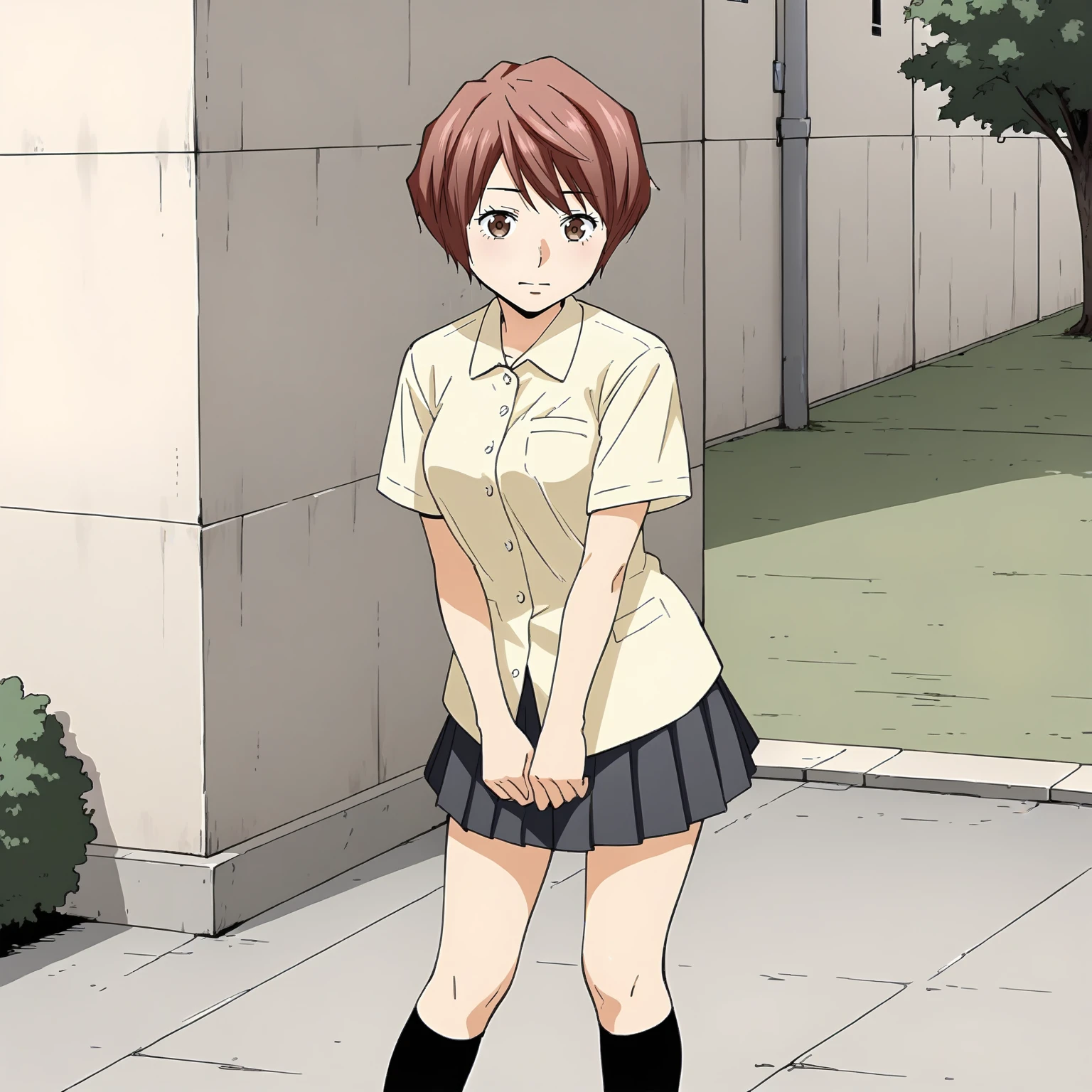 <lora:KZ_TakeuchiXLpony001>,
solo,
Takeuchi,1girl,red hair,short hair,brown eyes,
medium breasts,
dress_shirt,short_sleeves,
pleated_skirt,
black socks,knee length socks,
outdoors,
standing,