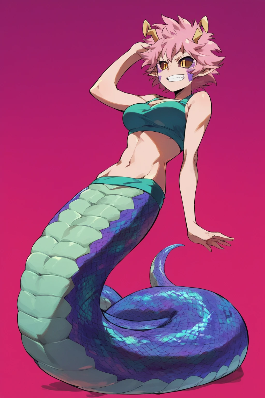 score_9, score_8_up, score_7_up, score_6_up, score_5_up, score_4_up, masterpiece, high quality, full body, <lora:Lamia_Transformation:0.77> Lam1a, scales, snake tail, lamia, pointy ears, slit pupils, <lora:MinaAshidoPonyV2:0.61> minaashido, 1girl,