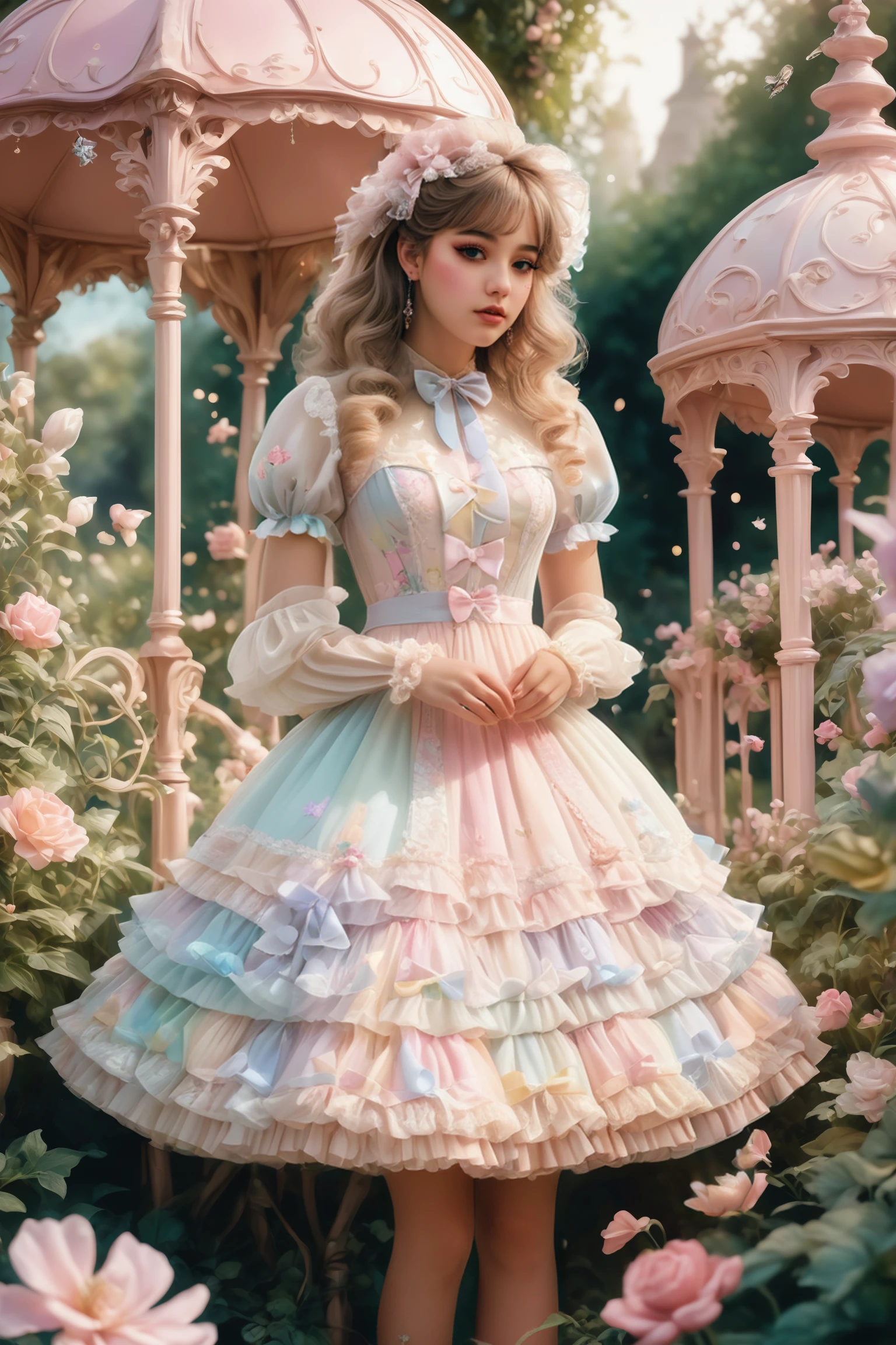 highly detailed (full body photograph) of a young woman 
wearing an extravagant soft pastel sweetegl dress, intricate lace, bows, and frills, voluminous skirt and puffy sleeves 
standing in a whimsical, fairy-tale-like garden with blooming flowers, twinkling fairy lights, charming gazebo in the background
bathed in soft, dreamy light
<lora:sweetlolitaxlv5:1.5>