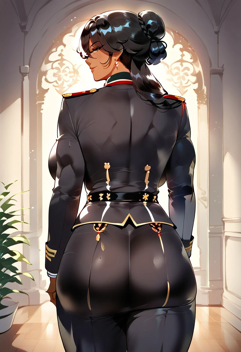 1girl, solo, indoors, office, warm tones, walking, from behind, looking back, smirk, military uniform, naval uniform, black uniform, Royal Navy, dark-skinned female, very_dark_skin, muscular female, long hair, black hair, bangs, hairbun, sidelocks, brown_eyes, (mature female:1.2), tall female, curvy, large breasts, beautiful face, highly detailed faces and eyes, masterpiece, amazing quality, best quality, very aesthetic, absurdres, score_9, score_8_up, score_7_up, score_6_up,