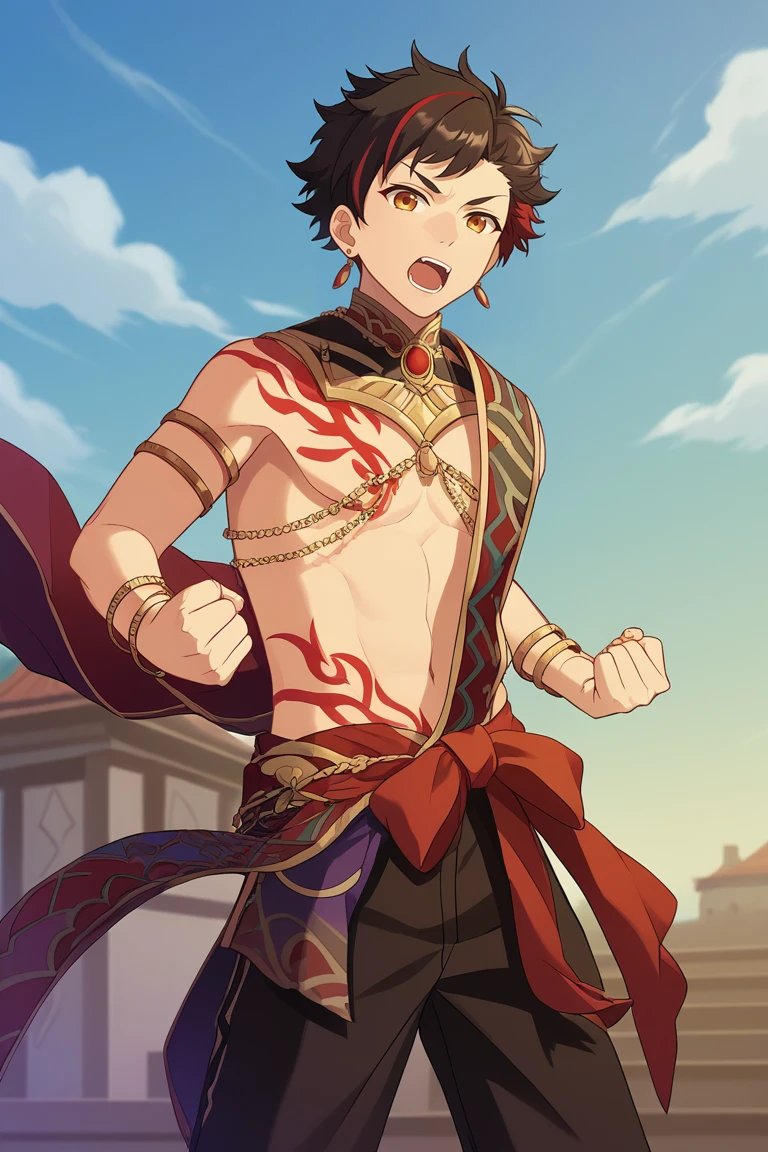 a messy-haired 8 year old indian boy, Red spot on forehead, belly dancer outfit, Chained up, wearing a metal collar, sad mood, scared expression, scared eyes, Gritting teeth, sweating, shirtless, wearing red loincloth