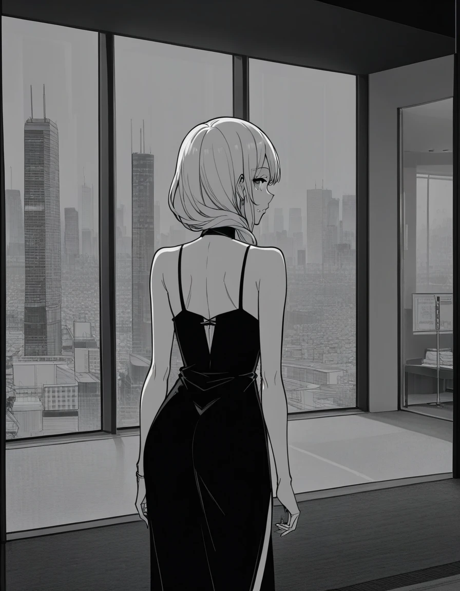 score_9, score_8_up, score_7_up, souce_anime, BREAK masterpiece, best quality, very aesthetic, absurdres, 1girl, standing with looking back to camera, from behind, sparkling black dress, satin dress, long blonde hair, shoulders, perfect eyes, cowboy shot,<lora:shibuya_sky_gallery_ponyDiffusionV6XL_v6_Lion_2460_v1.01:0.8>, cityscape from sky gallery, at night, night sky, black floor, indoor lookout, glass wall, window, anime screencap,  <lora:LineArt Mono Style LoRA_Pony XL v6:0.7> flat color,, lineart, monochrome, greyscale,,