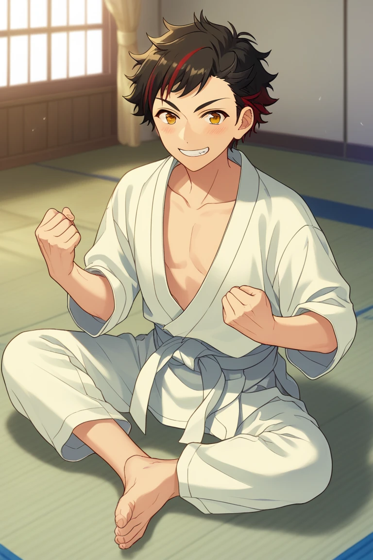 score_9, score_8_up, score_7_up, score_6_up, masterpiece, best quality, amazing quality, best aesthetic, absurdres, intricate details,
tetora nagumo, multicolored hair, black hair, yellow eyes, white dougi, white pants, 1boy, male focus, solo, smile, dougi, looking at viewer, red hair, barefoot, grin, streaked hair, sitting, blush, martial arts belt, clenched hand, collarbone<lora:EMS-456862-EMS:1.000000>