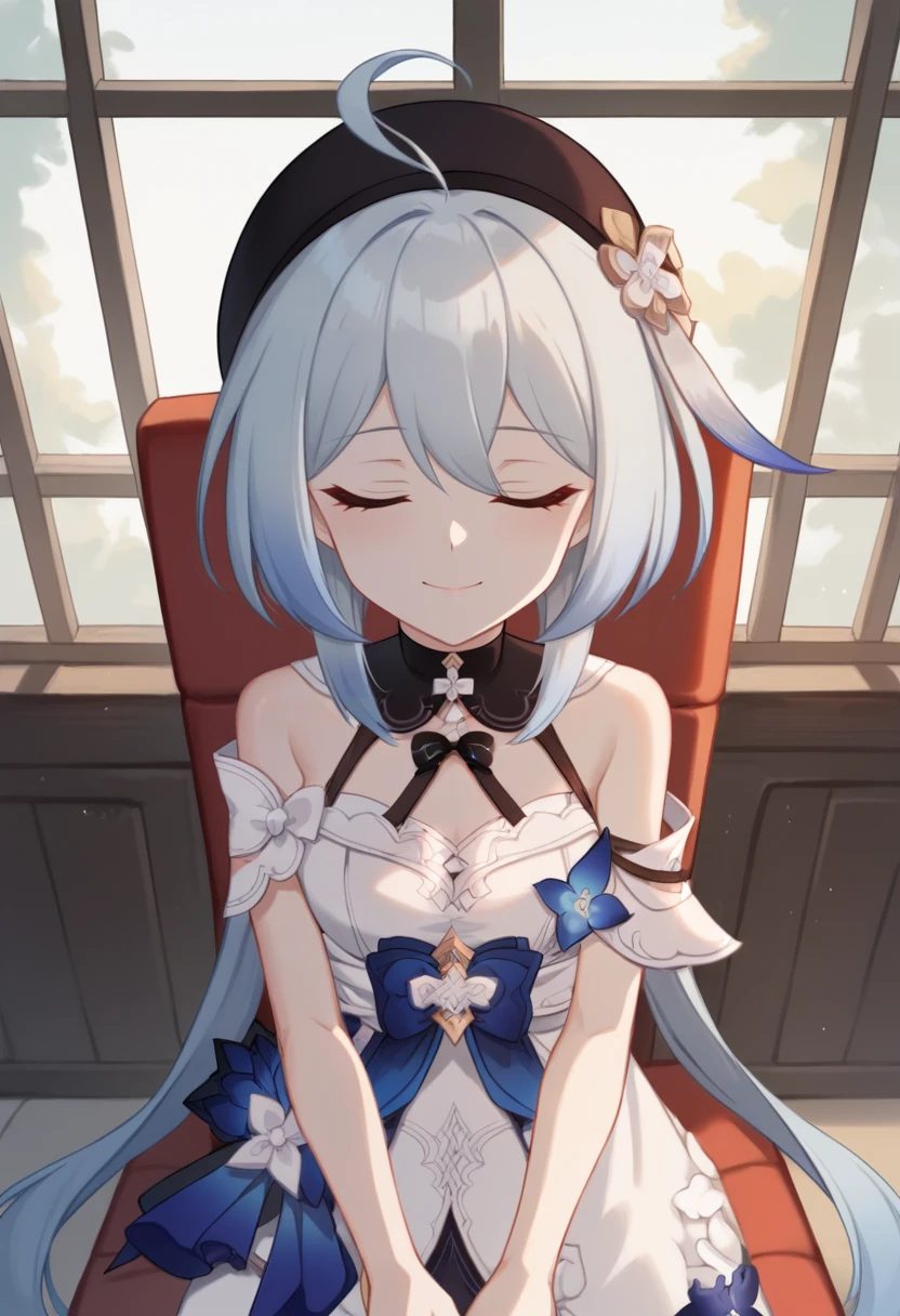 (score_9,score_8_up,score_7_up,),uncensored,
<lora:Honkai_YG_pony:1>,Honkai_YG,1girl,closed eyes,solo,dress,white dress,ahoge,beret,long hair,hat,bangs,looking at viewer,light blue hair,bare shoulders,black headwear,hair ornament,sleeveless dress,twintails,
cowboy_shot,looking_at_viewer,
sitting,happy,:3,
indoor,studio,sketchpad,paintbrush,pigments,window,chair,from_above,head up,