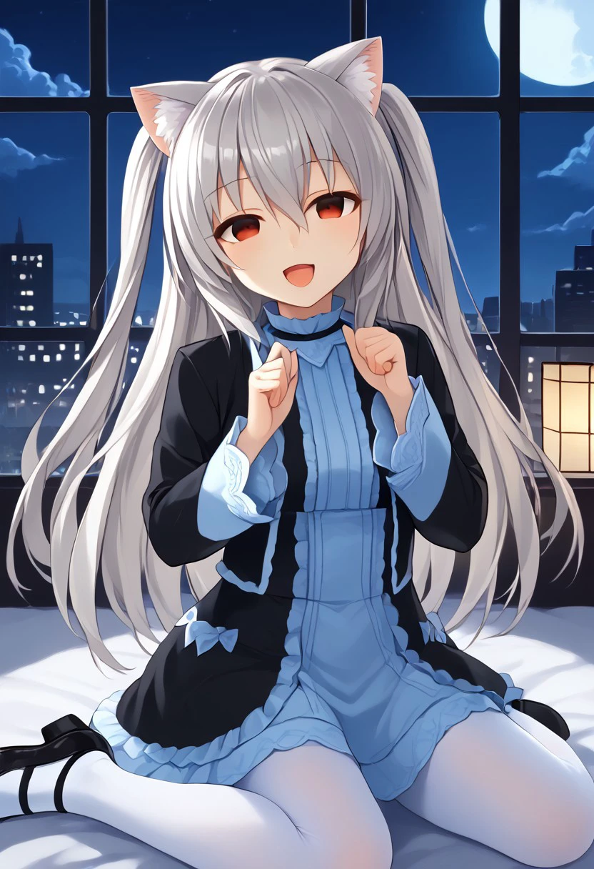 1girl, solo, NoraCat0, red eyes, cat ears, hair between eyes, long sleeves, bangs, two side up, animal ear fluff, very long hair, white hair, grey hair,
dress, black dress, wide sleeves, frills, sleeves past wrists, black jacket, white pantyhose, black footwear,
smile, open mouth, hands up, gao, wariza,
night, cloudy, window, full moon, moonlight, backlighting,