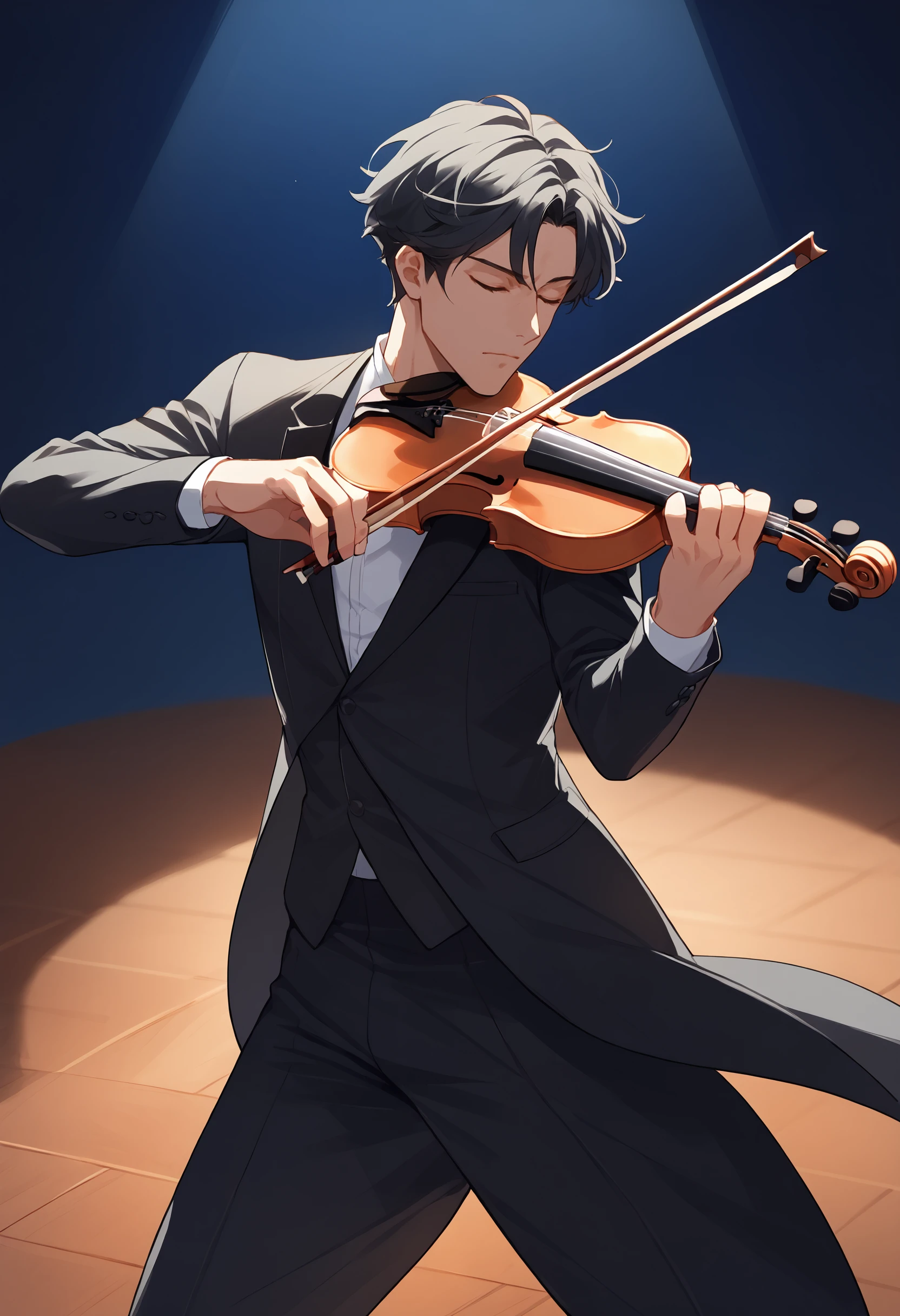 score_9, score_8_up, score_7_up, solo focus, 1boy, short hair, black hair, black suit, elegant, simple blue background, spotlight, playing-violin, violin,holding, bow (music), playing violin, wooden floor, closed eyes
<lora:Playing Violin (pony) v1:1>