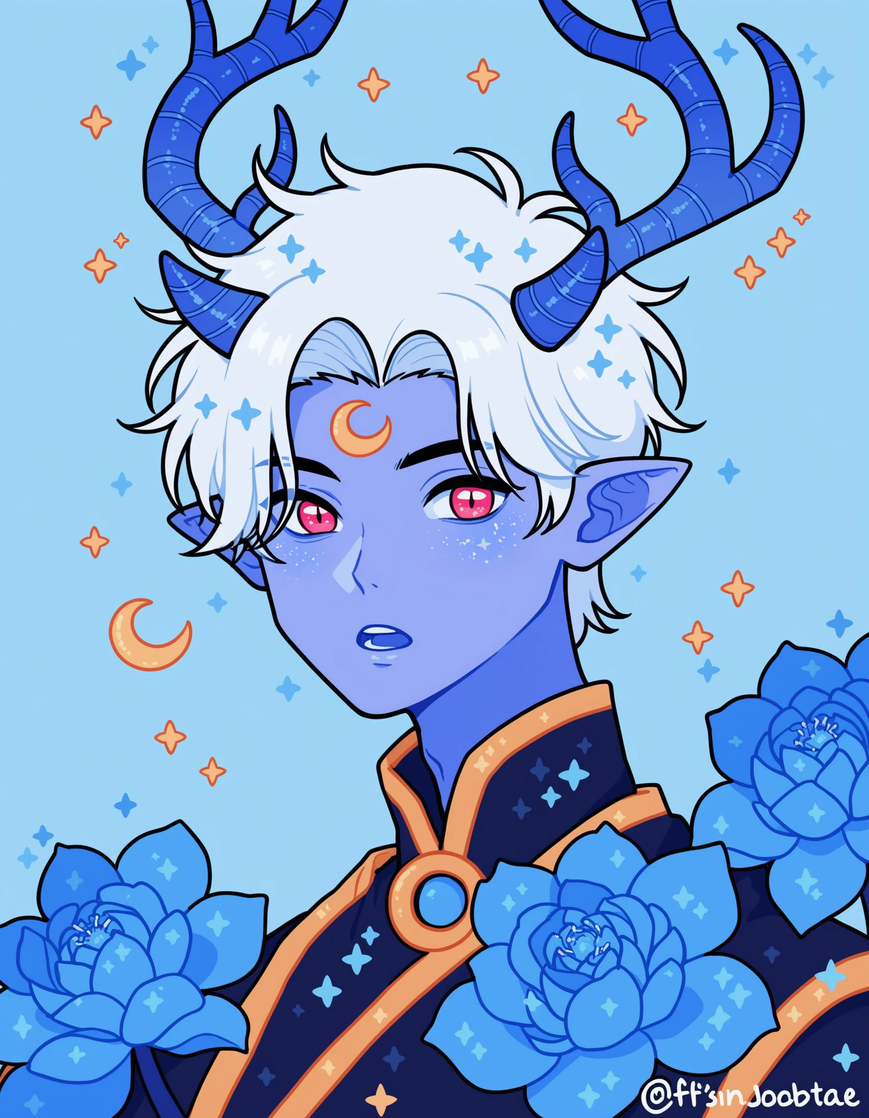 score_9, score_8_up, score_7_up, solo, looking at viewer, short hair, open mouth, red eyes, 1boy, flower, white hair, male focus, parted lips, horns, pointy ears, artist name, pink eyes, twitter username, colored skin, blue background, moon, crescent, portrait, blue flower, blue theme, blue skin, antlers, crescent moon, blue horns, Celestial Kawaii Style, <lora:6f60af9c-b9d9-4d64-9e44-1e70b847424a:0.7>