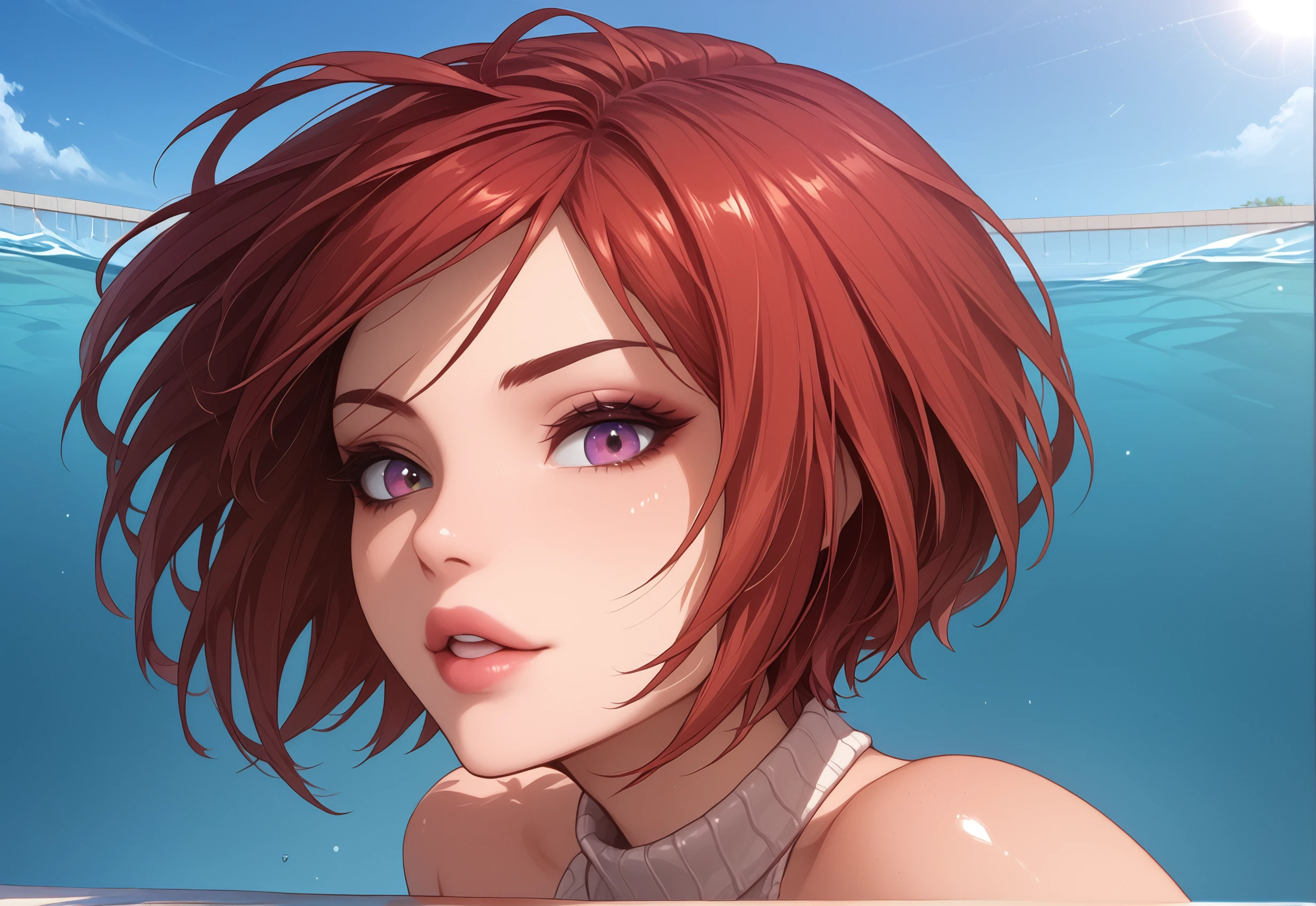 1girl, (one leg up pose:1.25), corona light, full body, petite, (heterochromia eyes:1.05), (cupid's bow lips:1.05), (in love:0.5), (red hair color:1.05), (short hair length:1.05), (disheveled:1.4), (vintage makeup:1.05), (pink make-up color:1.05), (eyeshadow make-up:1.05), (eyeliner make-up:1.05), (mascara make-up:1.05), (lipstick make-up:1.05), (lip gloss make-up:1.05), (natural skin:0.2), (detailed skin:0.3), (skin pores:0.3), (tanned skin:0.2), (eyes details:0.5), (iris details:0.5), (circular details:1.01), (circular pupil:1.01), score_9, score_8_up, score_7_up, score_6_up, score_8, detailed body, detailed face, virgin destroyer sweater, perfect body, curvy, durch angle, sexy pose, shiny skin, princess, pool, in water, from below, low angle Jabstyle, choppy bob cut, anime art, Expressiveh, concept art, perfection style, perfection, perfect, st4t1ctv, chromatic aberration, embedding:zPDXL3, face near viewer,<lora:st4t1ctvXLP.safetensors:1.0:1.0> <lora:princess_xl_v2.safetensors:1.0:1.0> <lora:Concept Art Twilight Style SDXL_LoRA_Pony Diffusion V6 XL.safetensors:0.0:0.0> <lora:perfection style.safetensors:1.0:1.0> <lora:Chobby_Bob_Cut.safetensors:1.0:1.0> <lora:Expressive_H-000001.safetensors:1.0:1.0> <lora:virgin_destroyer_sweaterPony.safetensors:1.2:1.2>,,