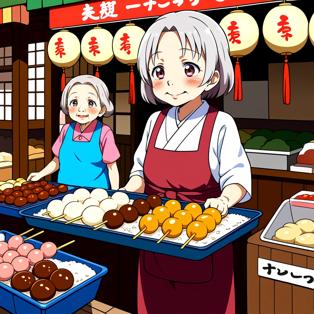 <lora:skewered_rice_dumpling_shop_SDXL:0.5>, anime coloring old woman with skewered rice dumpling shop