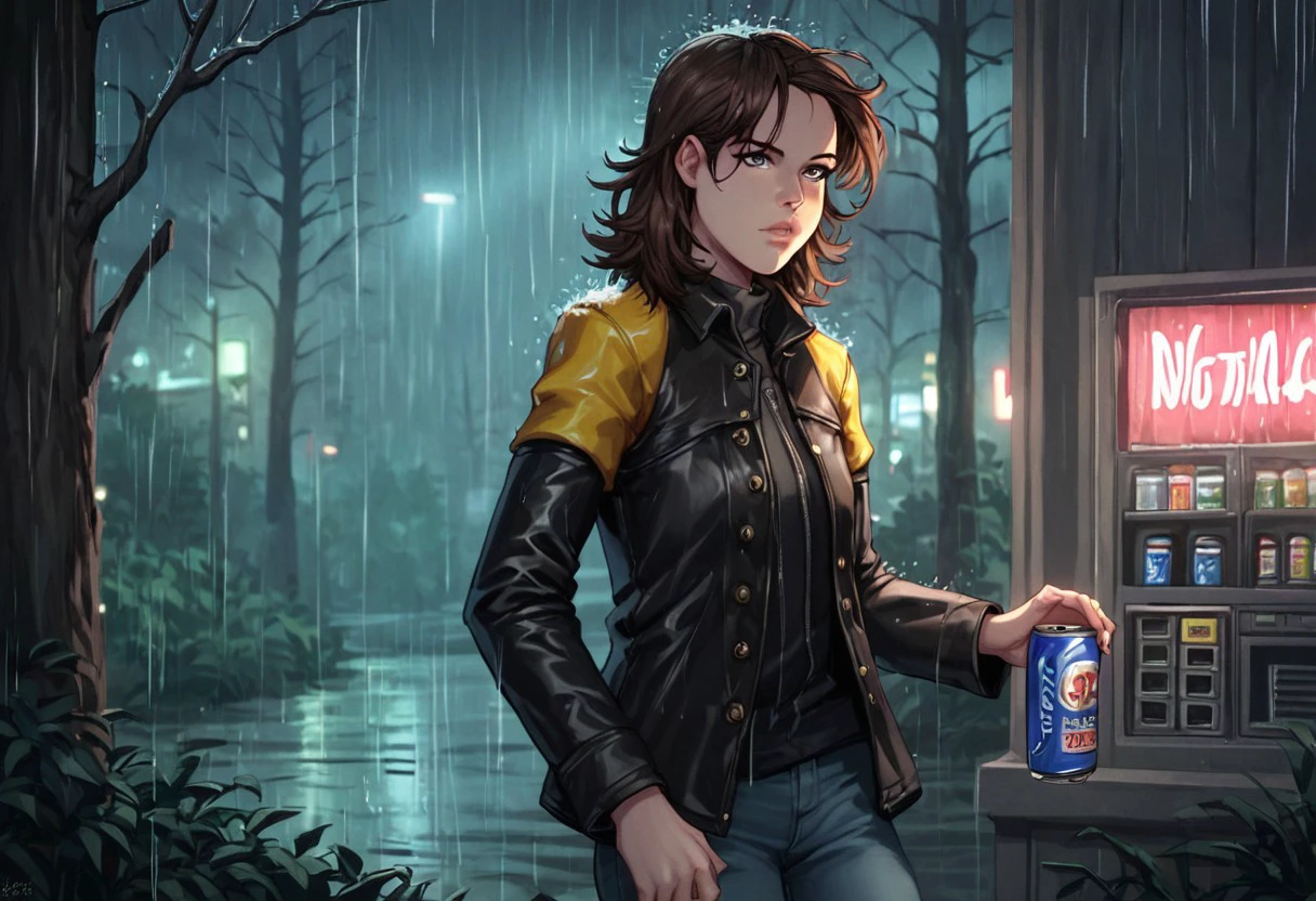 anime coloring, score_9, score_8_up, score_7_up, multicolored eyes, gray eyes, Arya-stark,  brown hair, solo, pants, open jacket, black jacket, lips, night, denim, rain, can, leather, bioluminescent, yellow leather jacket, biopunk, living wood, forest, city, vending machine, neon lights, general