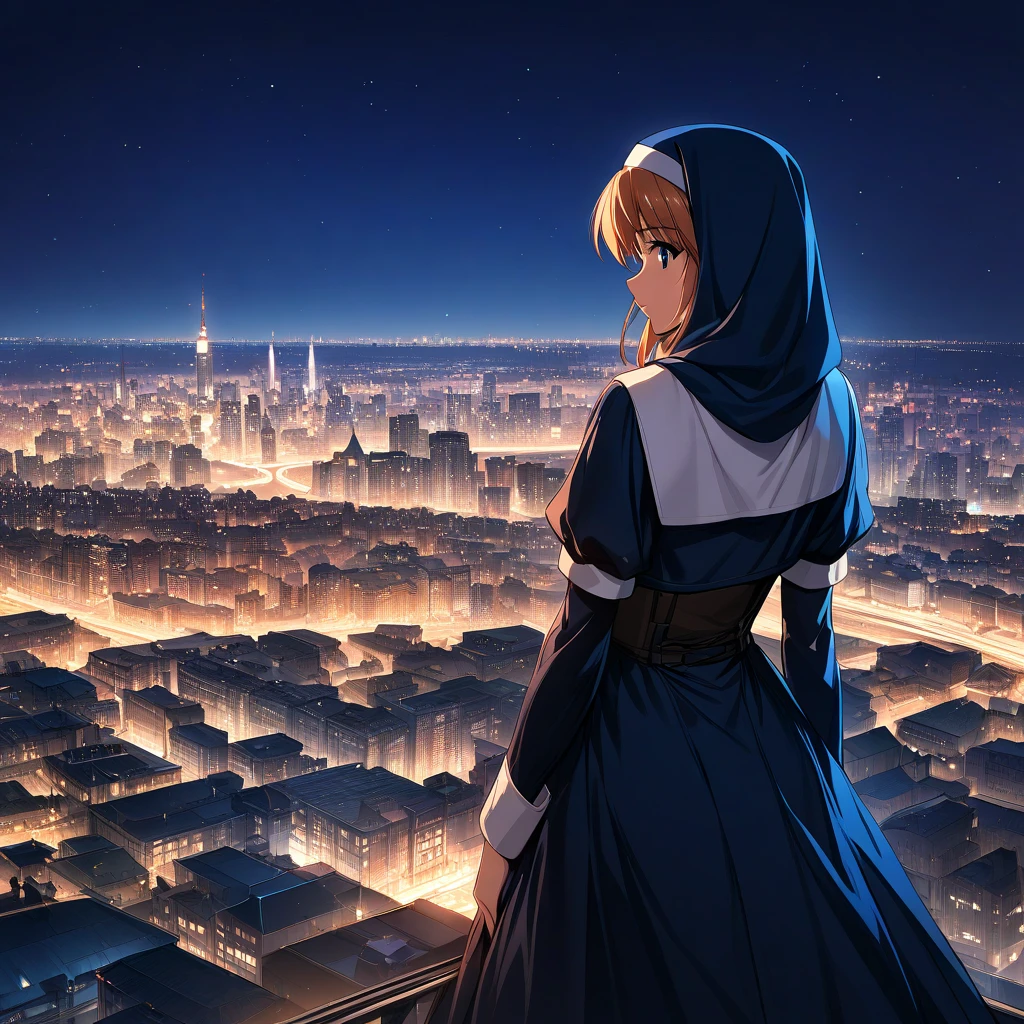 (masterpiece),(best quality),(ultra-detailed),(best illustration),(best shadow),(absurdres),(detailed background),(very aesthetic), rosette_christopher, 1girl, solo, cityscape, night, city, from behind, city lights, habit, nun, dress, sky<lora:Rosette_Christopher:1>