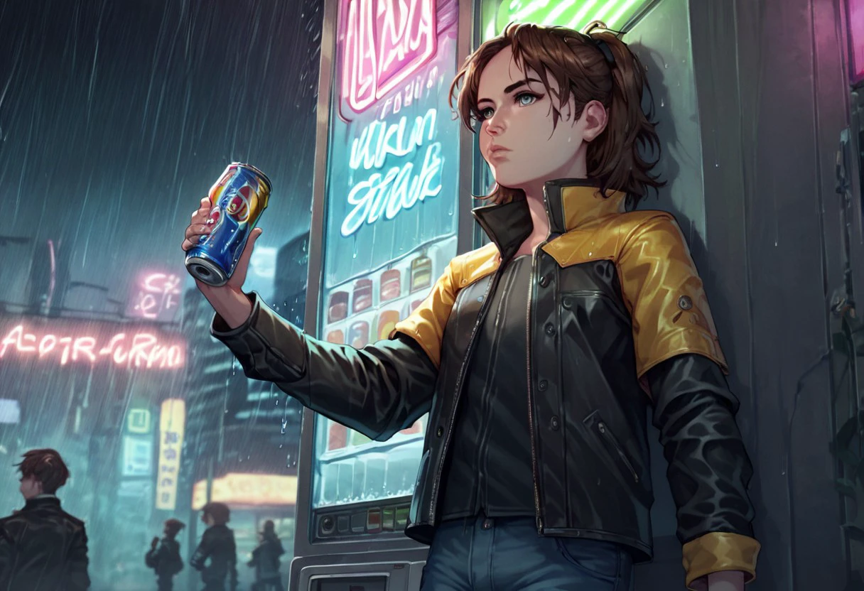 anime coloring, score_9, score_8_up, score_7_up, multicolored eyes, gray eyes, Arya-stark,  brown hair, solo, pants, open jacket, black jacket, lips, night, denim, rain, can, leather, cyborg, prosthesis, yellow leather jacket, cyberpunk, vending machine, neon lights, general