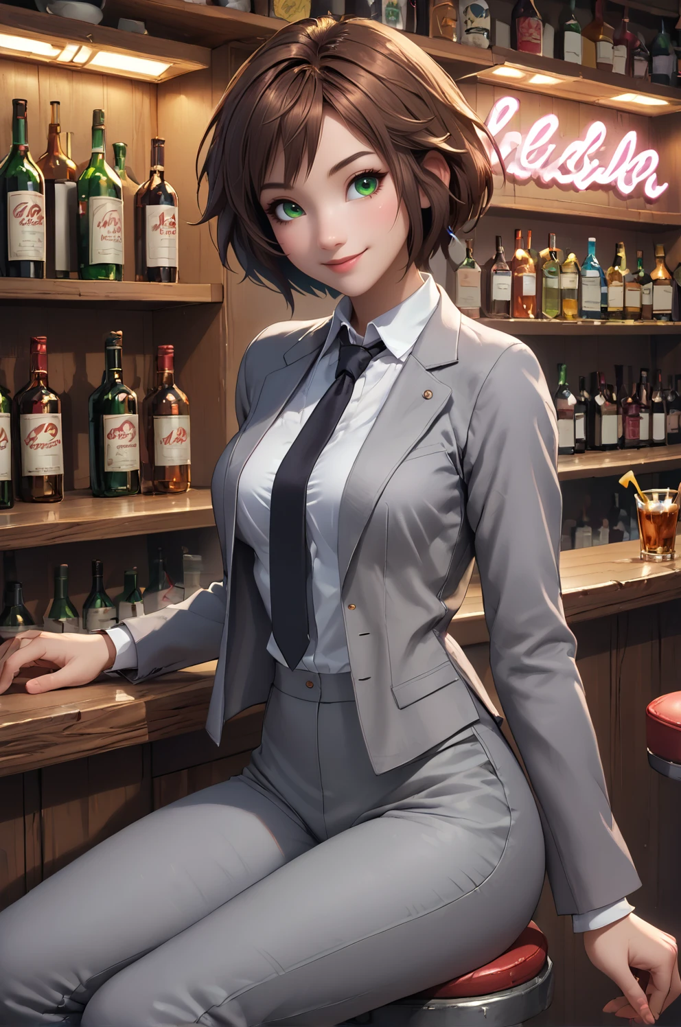 4n1v3rs3, score_9, score_8_up, score_7_up,sunshangxiang, 1girl, solo,cowboy shot, brown hair, green eyes, short hair,grey suit,grey jacket, white collared shirt,grey pants, black necktie,medium breasts,indoors,bar,neon sign,shelf, smile,sitting, contrapposto,swept bangs, long sleeves   <lora:SunShangXiangPony:1>