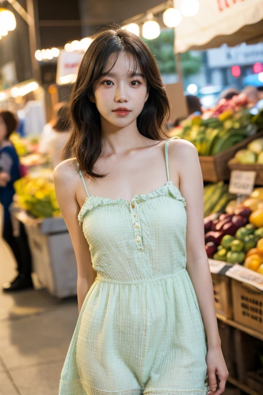 masterpiece, best quality, ultra-detailed, ultra high res, (photorealistic:1.4), raw photo, (realistic:0.2), 8k HDR, realistic lighting, looking at viewer, 1girl, solo, asymmetrical hair, outdoor, (traditional market:1.2), (day), bokeh, (detailed lips), (detailed pores), (detailed skin textures), (detailed face:1.2), (body:1.2), a woman in a sundress, cowboy shot, thigh gap