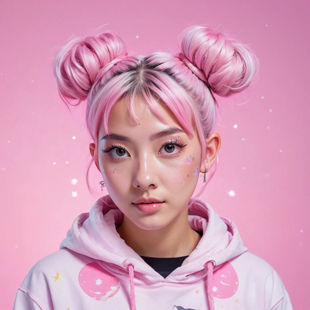 A headshot photo of a female model with pastel pink hair styled in twin buns, wearing a galaxy-print hoodie. Outer space background with stars and planets visible.