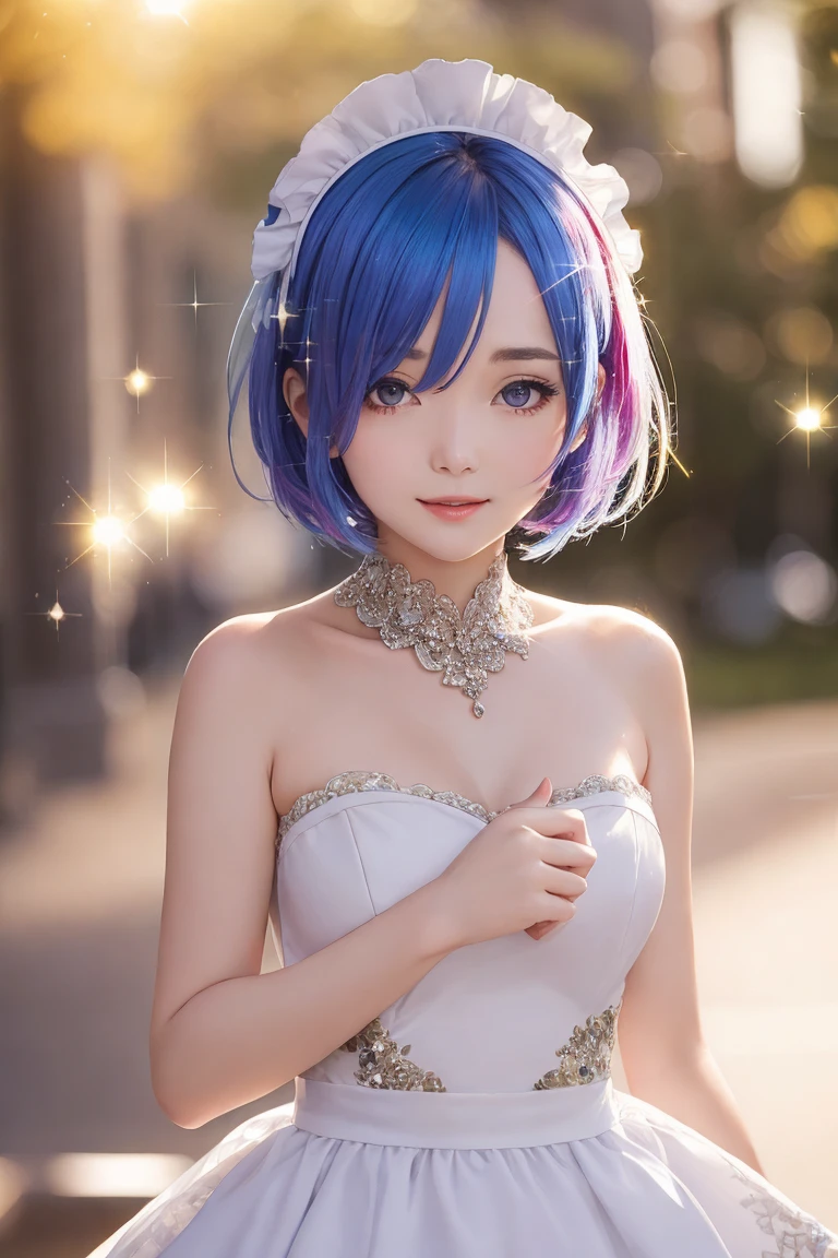 a beautiful rem\(rezero\), maid dress, strapless maid dress, vivid color, looking at viewer, bokeh, (sparkling:1.75), excellent quality, masterpiece, amazing intricate finely detailed, volumetric lighting, ultra-HD, UHD, 8K, 16K