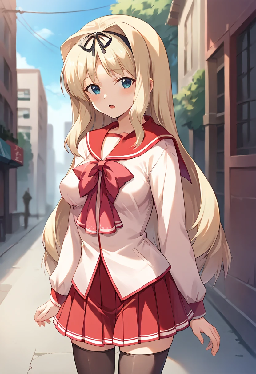 score_9, score_8_up, score_7_up, masterpiece, source_anime, 1girl, ct_sasa, long hair, medium breasts, blonde hair, black hairband, light pink serafuku, red sailor collar, neck ribbon, puffy long sleeves, red skirt, black thighhighs, outdoors, city, depth of field, looking at viewer, cowboy shot shiny skin,  <lora:KusugawaSasara_Pony_ct:1>