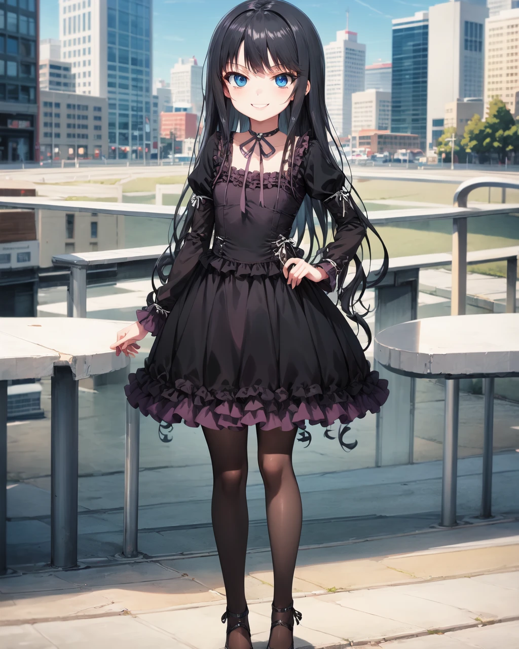 city,
natsuki_minamiya,1girl,solo,long hair,blue eyes,black hair,very long hair,
dress,choker,frills,black dress,long sleeves,ribbon choker,neck ribbon,black pantyhose,frills,
full body,standing,smile,<lora:Natsuki_Minamiya(Strike The Blood)>,