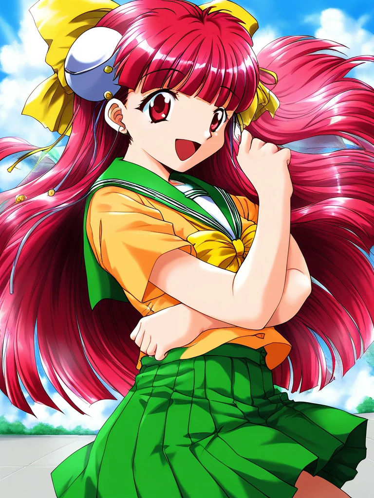 score_9, score_8_up, score_7_up, source_anime, rating_explicit, BREAK  <lora:Nanako_RISE_XL:1>ãNanako_RISE, long hair, red hair, red eyes,  bangs,  hair bow, headgear, yellow bow,
 pink hair, skirt, Yellow school uniform, smile, open mouth, bow, hat, green skirt,  Yellow short sleeves,
outdoor, sky, school,