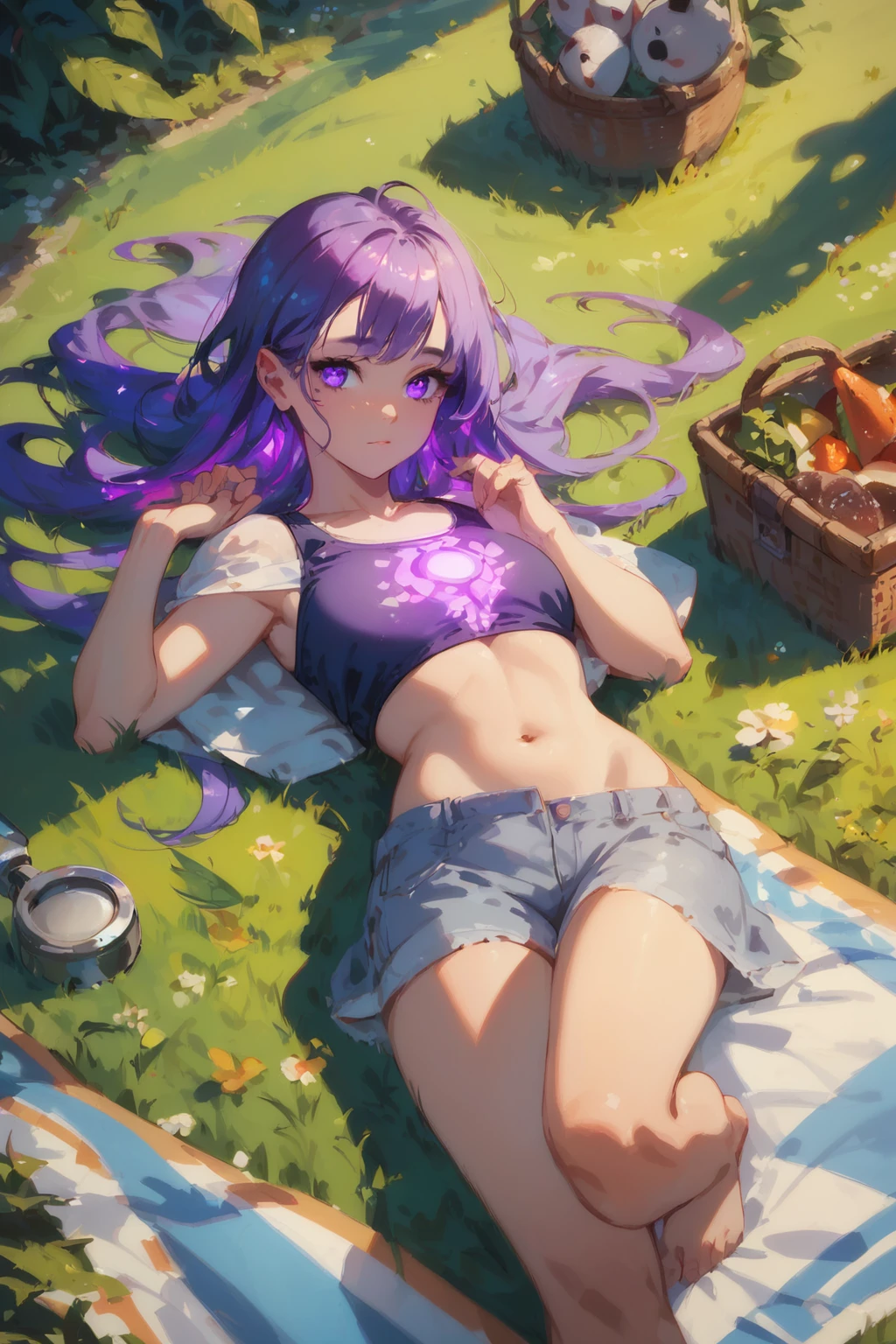 PDXL, 1girl, cute face, detailed eyes, 
long purple glowing hair,
 purple eyes, ,
swimsuit, 
lying on grass