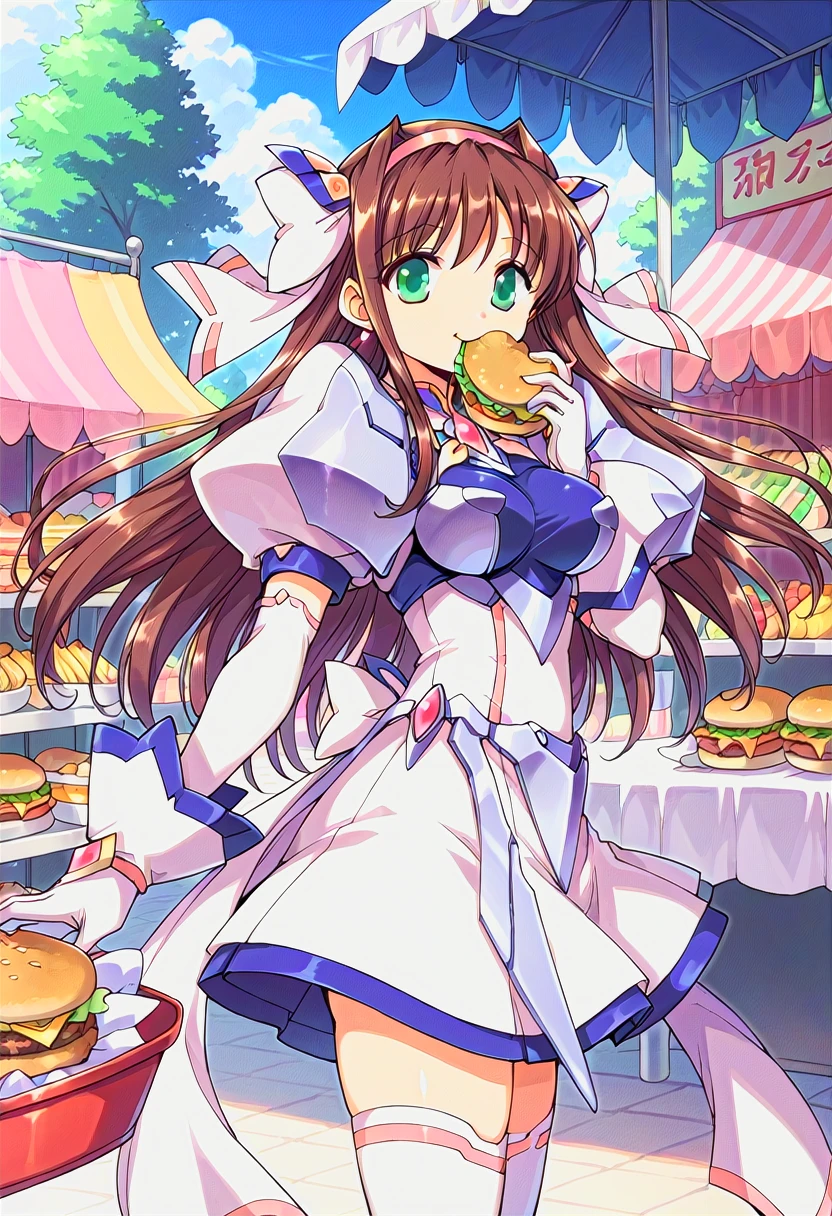 [bolero mix is merged by Bolero537:100], score_9, score_8_up, score_7_up, rating_questionable, source_anime, uncensored, best quality, masterpiece BREAK <lora:twinkle_saber_v2-000010:0.8>, twinkle saber, brown hair, long hair, green eyes, medium breasts, magical girl, covered breasts, hairband, hair ornament, hair bow, gem, latex clothes, dress, armor, puffy sleeves, gloves, boots, white thighhighs, zettai ryouiki, ribbon BREAK outdoors, street, market, holding hamburger, eating, many hamburgers, happy, closed eyes, cowboy shot, from side