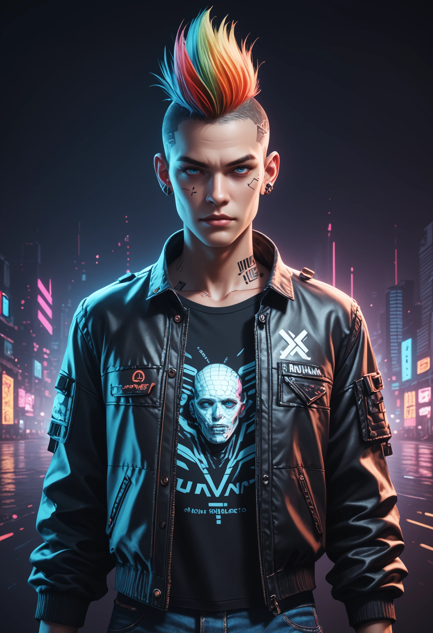 score_9, score_8_up, score_7_up, score_6_up, score_5_up, score_4_up, 1boy, blue eyes, multicolored hair, short hair, mohawk, rainbow hair, city view, downtown, urban Cyberpunk landscape, leather jacket, rainbow hair, tshirt, jeans, synthwave, outrun, SplatterPunk, cinematic photography, neon outlights, dark background, wide shot, ultrasharp, desktop wallpaper, octane render, futuristic, neon theme, BREAK PonyXLV6_Scores