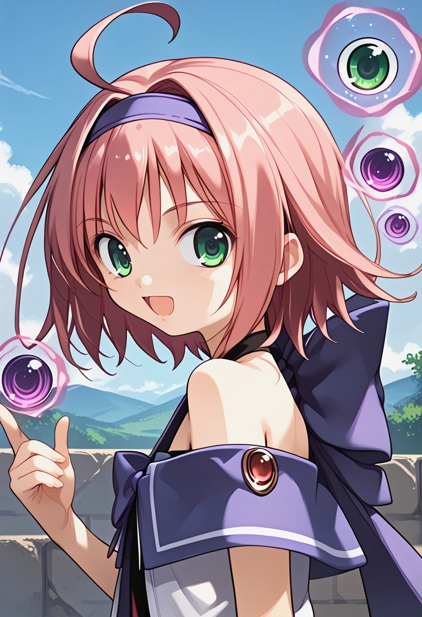 <lora:dlsakura_Pv11:1>, tvsakr, 1girl, green eyes,  short hair, high quality, upper body, hairband, flat chest, bare shoulders, large eyes, open mouth, ahoge, off shoulder, grin, looking at viewer, sky,  purple bow, magic,