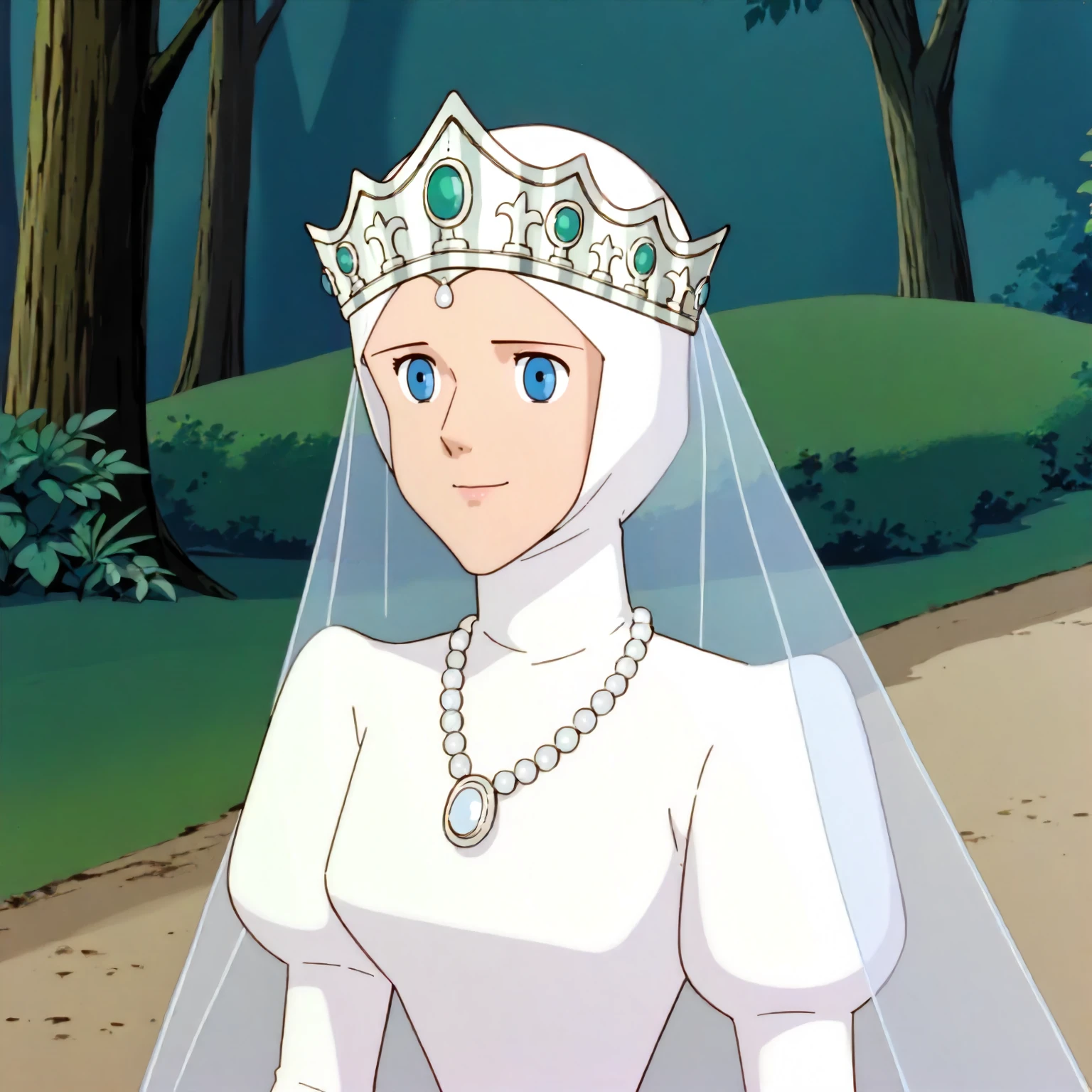 <lora:TCoC_ClarisseXLpony002>,
outdoors,nature,
solo,
looking at viewer,smile,
Clarisse,1girl,blue eyes,
standing,
crown,veil,
white_hood,
pearl_necklace,white dress,turtleneck,juliet sleeves,