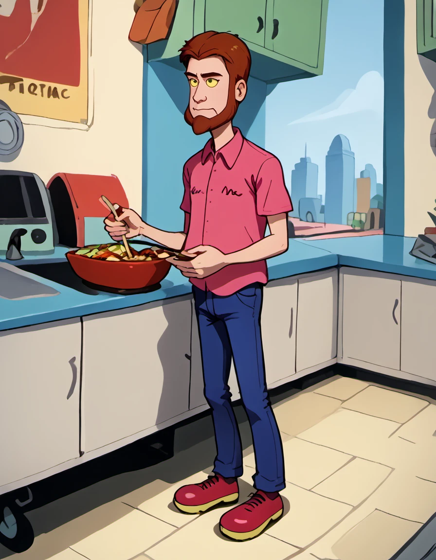 <lora:Jim_Kuback_-_Mission_Hill:0.75> mh_jim, 1boy, unibrow, red_hair, red_beard, pink_buttondown_shirt, mac_shirt, jeans, yellow sclera, full body, standing, source_cartoon, score_9, score_8_up, score_7_up,