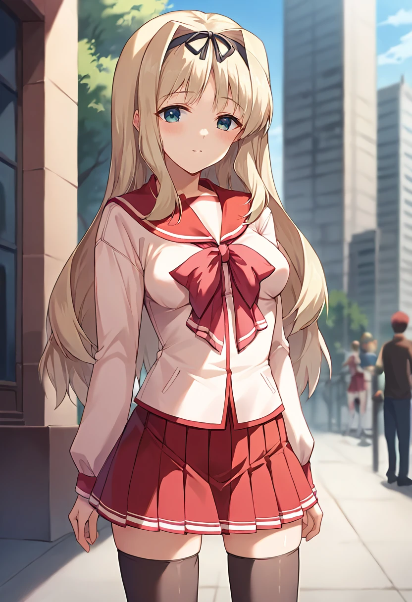 score_9, score_8_up, score_7_up, masterpiece, source_anime, 1girl, ct_sasa, long hair, medium breasts, blonde hair, black hairband, light pink serafuku, red sailor collar, neck ribbon, puffy long sleeves, red skirt, black thighhighs, outdoors, city, depth of field, looking at viewer, cowboy shot shiny skin,  <lora:KusugawaSasara_Pony_ct:1>