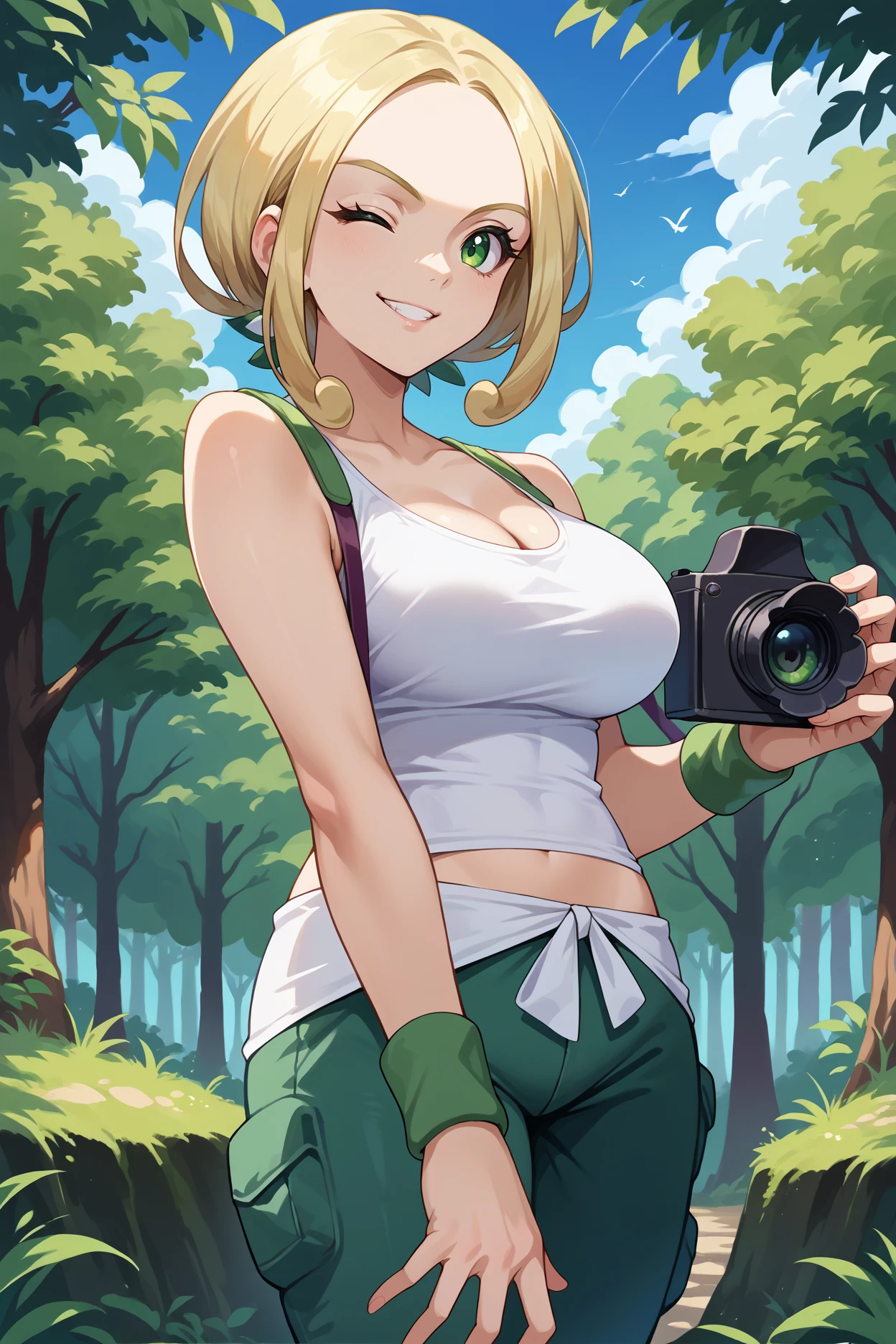 score_9, score_8_up, score_7_up, score_6_up, source_anime, 1girl, solo, <lora:pkmnviola-pdxl-nvwls-v1-000004:1> defvla, blonde hair, green eyes, parted bangs, short hair, white tank top, sleeveless, wristband, midriff, green pants, cleavage, large breasts, holding camera, smirk, one eye closed, blue sky, trees, forest, taking picture, looking at you