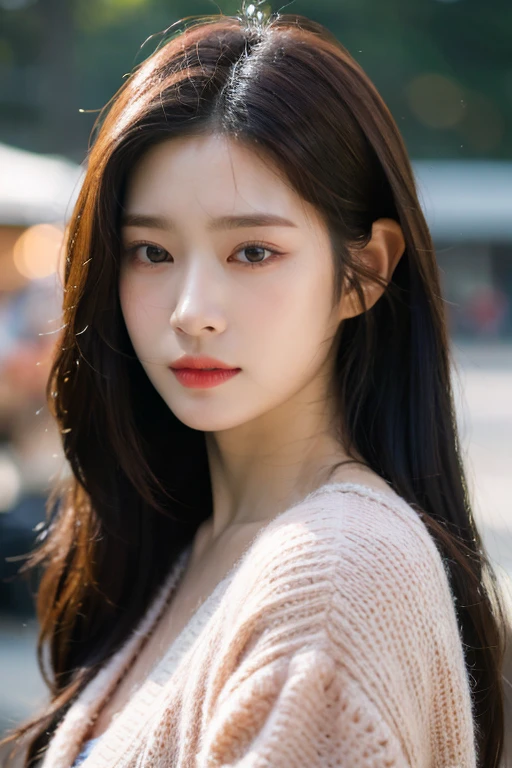 masterpiece, best quality, ultra-detailed, ultra high res, (photorealistic:1.4), raw photo, (realistic:0.2), 8k HDR, realistic lighting, looking at viewer, 1girl, solo, asymmetrical hair, outdoor, (traditional market:1.2), (day), bokeh, (detailed lips), (detailed pores), (detailed skin textures), (detailed face:1.2), (body:1.2), a woman in a cardigan, cowboy shot,